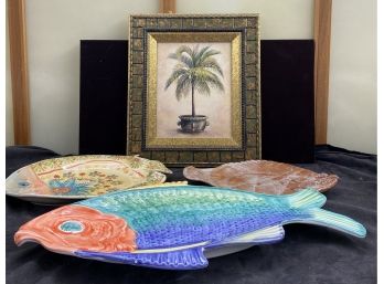 3 Fish Platters And Palm Tree Art