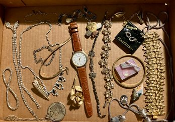 Tray Lot Of Costume Jewelry #32 With Time Watch