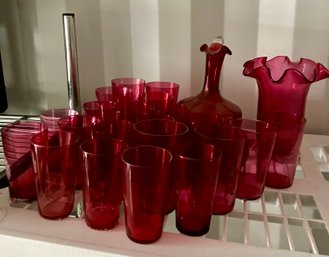 Group Of 20 Victorian Cranberry Blown Wine Glasses Along With A Decanter & Vase