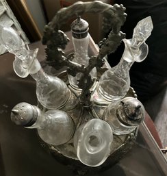 6 Bottle Cruet Condiment Set On A Quadruple Silver Plated Frame