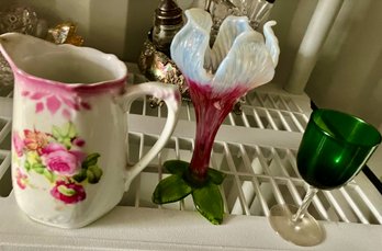 Lot Of 4 Table Pieces Incl Floriform Bud Vase, German China Creamer, Bristol Blown Glass Goblet And Lily Form