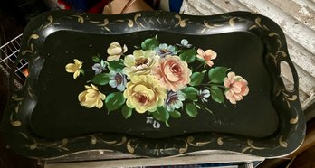 Serpentine Elongated Black Tin Tole Painted Tray With Beautiful Flowers