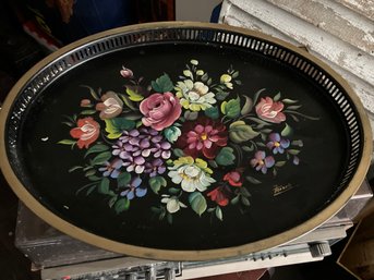Oval Reticulated Edge Black Tin Tole Painted Tray With Beautiful Flowers