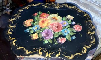 Serpentine Black Tole Hand Painted Tray WithFloral Decoration