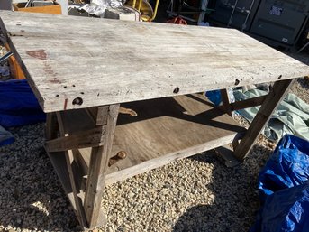Primitive Look Work Table With Beefy Thick Wood Top And Trestle Base On Wheels