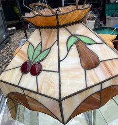 Hexagon Shaped Leaded Glass Hanging Shade With Fruit Panels