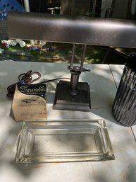 Table Lot Of 4 Items Incl Desk Lamp, Lg Rectangular Ashtray,  Serving-Mobile And Vase