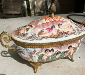 Covered Porcelain Jewelry Box With Ormolu Mounts , Finial And Base, Made In France