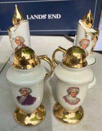 White Porcelain 'Geo & Martha Washington' Salt & Pepper & 2 Handled Shakers, Painted Gold Accent Decoration