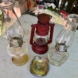 Lot Incl 2 Oil Lamps, Red Lantern And Silver Plated Change Tray