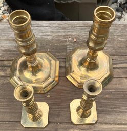 Pair Of Cast Brass Queen Anne Style Candlesticks And A Small Pair Of Beehive Candlesticks