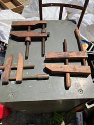 Lot Of 3 Early Wooden Thread Clamps Incl A Very Interesting Example With Wood Lock Nuts