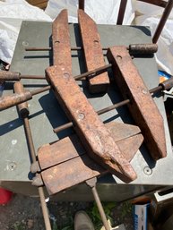 Lot Of 3 Wood Clamps With Metal Threads, Prob. Jorgensen