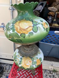 Gone With The Wind Style Lamp With Green/yellow Decorated Shade & Font, Electric
