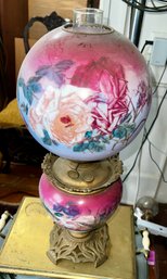 Victorian Gone With The Wind Floral Decorated Oil Lamp With Orig Burner