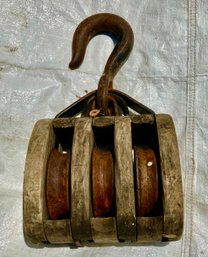 Vintage Hanging Pulley With Three Wheels And Large Hook