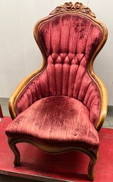 Rose Carved Back Tufted Upholstered Red Velour Victorian Ladies Side Chair