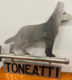 Sign With Cut Metal Standing Dog With Stick On Letter Which Can Be Removed For Name Change