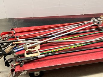 Big Lot Of Ski Poles With One Aluminum Pole With Leather Covered Tips Bumpers