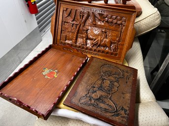 Lot Of 2 Trays Inc A Wall Hanging Carved Tray And A Serving Tray With A Child Decorative Wall Plaque