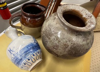 Lot Of 3 Assorted Tableware Items Incl Stoneware Crock, Brown / Tan Pottery Pitcher And Delft Cruet