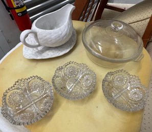 Lot Of 5 Tabletop Items Incl Gravy Boat And Covered Pyrex Casserole