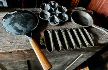 Lot Of 4 Primitive Style Cast Iron Piece Incl A Corn Form Muffin Pan