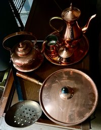 Lot Of Primitive Style Copper Items Incl Copper Circular Tray Tea Set