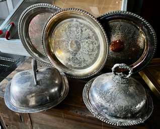 Silver Plate Lot Incl 3 Circular Trays And 2 Covered Serving Pieces