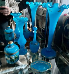 Lot Of 5 Bristol Victorian Hand Blown Glass Opalene Blue Table Objects Incl Tall Ruffled
