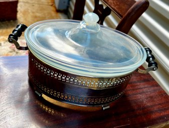 1920s Fry Ovenglass Covered Casserole Dish In A Decorative Metal Holder