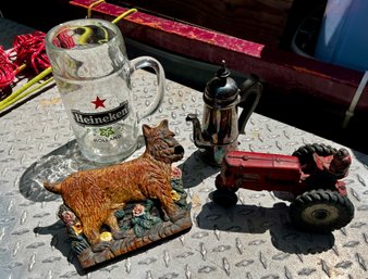 Lot Incl Heineken Adv Beer Glass Stein, Sm Plated Silver Teapot, Dog Figural Brush Stand, Rubber Toy Tractor