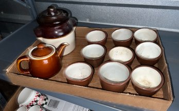 Brown Pottery Lot In Covered Cookie Jar, Small Teapot And 9 Cups Incl Some Signed WELLER
