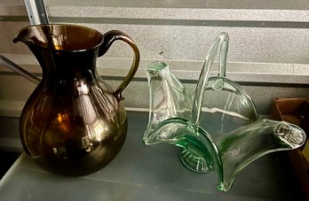 Lot Incl Blown Glass Pitcher And Handle Basket