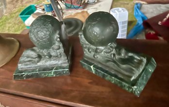 Pair Of Handsome Bronze Bookends Depicting The World Globe On A Wave On Green Marble Base