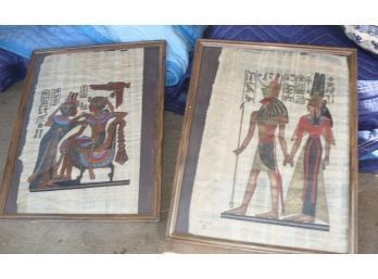2 Egyptian Papyrus On Cloth Paintings, Framed