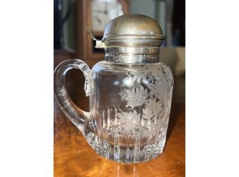 Antique Bohemian Clear Glass Lidded Syrup Pitcher With Etched Stag Decoration