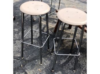 Pair Of 1960s-70s Stools With Chrome Legs And Maple Colored Seat