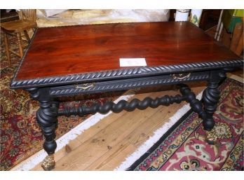 Rare Merklin Library Table With Long Center Drawer And Cast Brass Feet