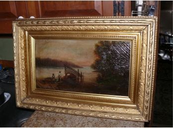 Painting, Oil/canvas, In An Gilt Frame, 'House Boat On The River', Ca 1880