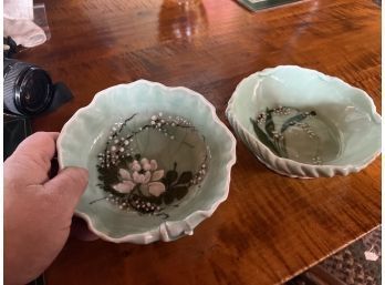 Pair Of Unusual Chinese Celadon Bowls With White Blossom Flower Decoration