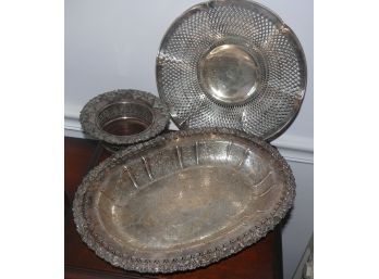 3 Pieces Of Silver Plkate Incl Handsome Edge Bowl, Sheffield Wine Bottle Coaster And A Fretwork Serving Plate