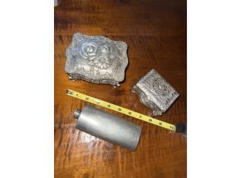 Pair Of Small Jewelry Boxes And A Pewter Pocket Purse Flask