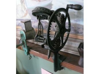 2 Pieces Incl Green Painted Cast Iron Incl Hand Crank Apple Peeler And A Small Spice Grinder