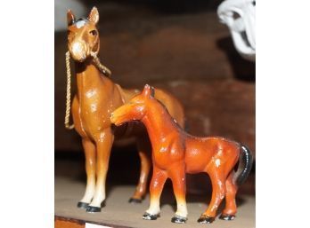 Painted Cast Iron 5' Statue Of A Mare Horse With Her Foal