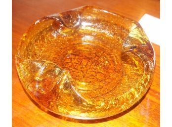 Large Amber Orange Crackle Glass Mid Century Modern Cigar Ashtray