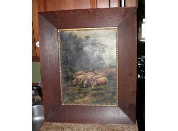 Painting, Oil/canvas, In An Oak Frame, 'Sheeps And Shepherd In The Wood'