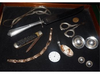 Lot Of Jack Knife, Silver Cufflinks, Earrings And Necklace, Etc