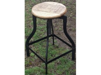 Industrial Architects Drafting Adjustable Height Stool With Turned Wood Seat And Steel Frame