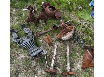Group Of Metal Objects Incl 2 Set Of Andirons And Many Cast Iron And Assortment Of Metal Shabby Chic Pieces